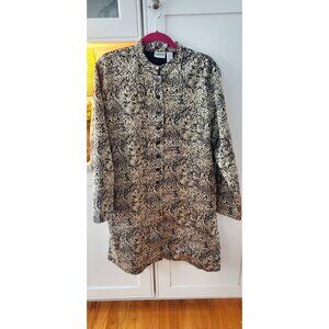 Chicos Size 3 Metallic Brocade Long Button Jacket Duster Black Gold (16/18)